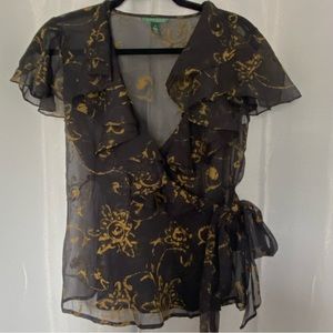 Ralph Lauren black and gold sheer wrap ruffle blouse